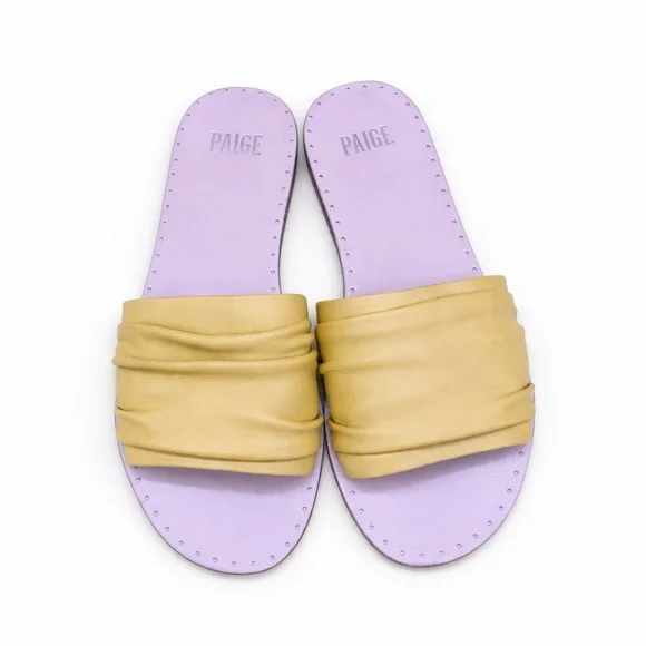 PAIGE Emilia Leather Slide Sandals Mustard Yellow Ruched Band Womens 8.5 US - Picture 3 of 13